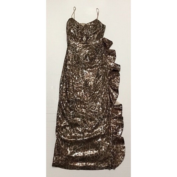MARINA Brown Leopard Print Dress Spaghetti Strap W/ Split Formal Sequin Gown 8 - Picture 1 of 4